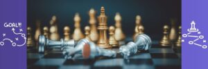 Chessboard with fallen silver pieces and standing gold king, surrounded by icons of strategy and planning – visual metaphor for how AI predicts token sequences like strategic moves in chess.