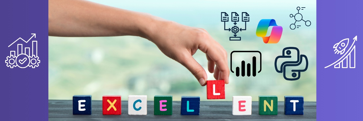 Alt text: Finger selecting "EXCELLENT" with icons for data, charts, and AI - representing Excel tips and automation for finance professionals