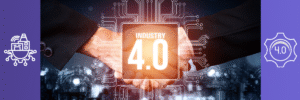 תמונה גרפית המציגה לחיצת יד עם כיתוב Industry 4.0 - מייצגת את מהפכת הפיננסים הדיגיטלית Graphic image showing a handshake with the text Industry 4.0 – representing the digital finance revolution