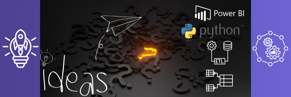 Talking innovation in finance - getting ideas from AI using tools like Power BI, Python, and ETL processes, visualized with creative icons and glowing question mark