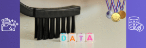 A symbolic representation of Microsoft Fabric Medallion Architecture: a brush cleaning the word 'DATA' illustrates the transition from raw data to curated insights. On the left, icons represent raw files and cleaning (Bronze layer); in the center, the brush signifies the Silver layer where data is refined; on the right, medals depict the Gold layer, where clean, governed data powers analytics and decision-making.