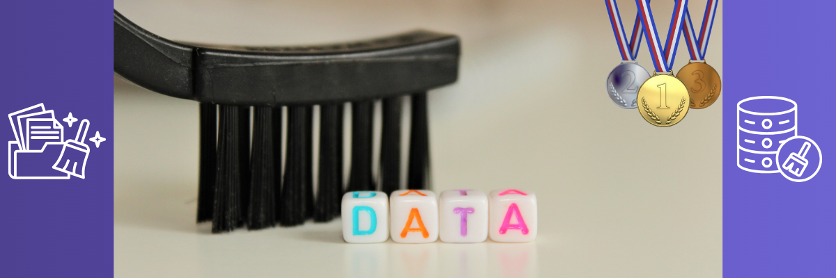 A symbolic representation of Microsoft Fabric Medallion Architecture: a brush cleaning the word 'DATA' illustrates the transition from raw data to curated insights. On the left, icons represent raw files and cleaning (Bronze layer); in the center, the brush signifies the Silver layer where data is refined; on the right, medals depict the Gold layer, where clean, governed data powers analytics and decision-making.