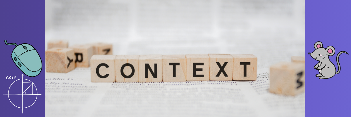 Illustration showing the word "context" with a computer mouse on one side and a real mouse on the other, representing how AI language models use contextual embeddings to understand different meanings.