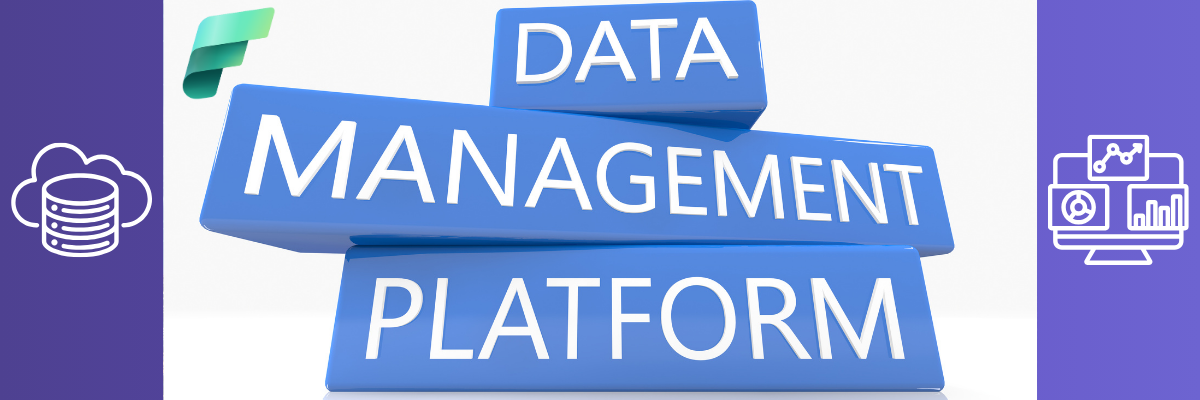Stacked blue blocks labeled "Data Management Platform" with Microsoft Fabric logo above and icons representing cloud data and analytics dashboards on purple side panels.