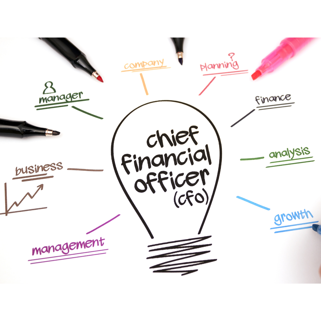 A visual mind map of CFO responsibilities, including planning, finance, growth, analysis, management, business, and company leadership, centered around the title 'Chief Financial Officer (CFO)' inside a lightbulb illustration.