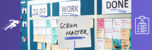 לוח קנבן צבעוני עם שלושה טורים: "TO DO", "WORK", ו-"DONE", כשבמרכז תלוי פתק עם הכיתוב "SCRUM MASTER". משני צידי התמונה מופיעים איורים של רץ ואייקון של רשימת משימות – מייצגים שילוב של מהירות וארגון. התמונה משדרת עבודה צוותית בשיטת SCRUM בעולם של פרויקטי בינה מלאכותית (AI).