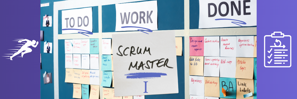 לוח קנבן צבעוני עם שלושה טורים: "TO DO", "WORK", ו-"DONE", כשבמרכז תלוי פתק עם הכיתוב "SCRUM MASTER". משני צידי התמונה מופיעים איורים של רץ ואייקון של רשימת משימות – מייצגים שילוב של מהירות וארגון. התמונה משדרת עבודה צוותית בשיטת SCRUM בעולם של פרויקטי בינה מלאכותית (AI).