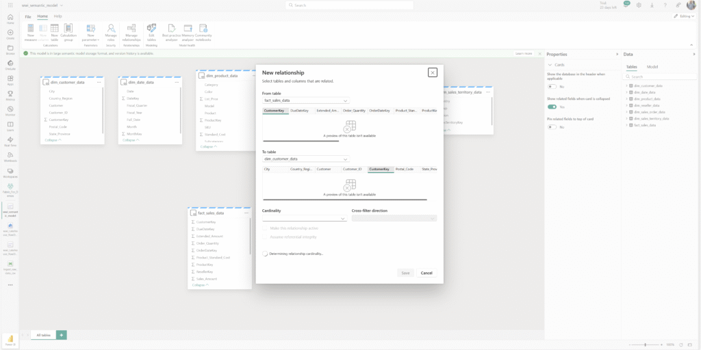 Creating relationships between fact and dimension tables in the semantic model editor in Microsoft Fabric
יצירת קשרים בין טבלאות עובדה וטבלאות מימד במודל הסמנטי – שלב חיוני להבנת הקשרים העסקיים בין הנתונים