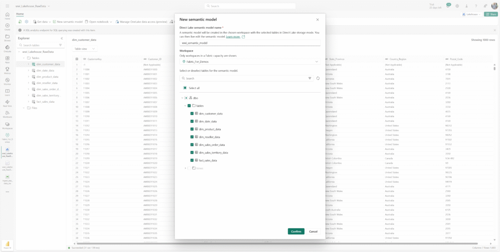Selecting multiple tables from Lakehouse to include in a new semantic model in Microsoft Fabric
בחירת טבלאות מתוך Lakehouse ליצירת מודל סמנטי חדש – השלב שבו נבנית שכבת המשמעות העסקית לדאטה