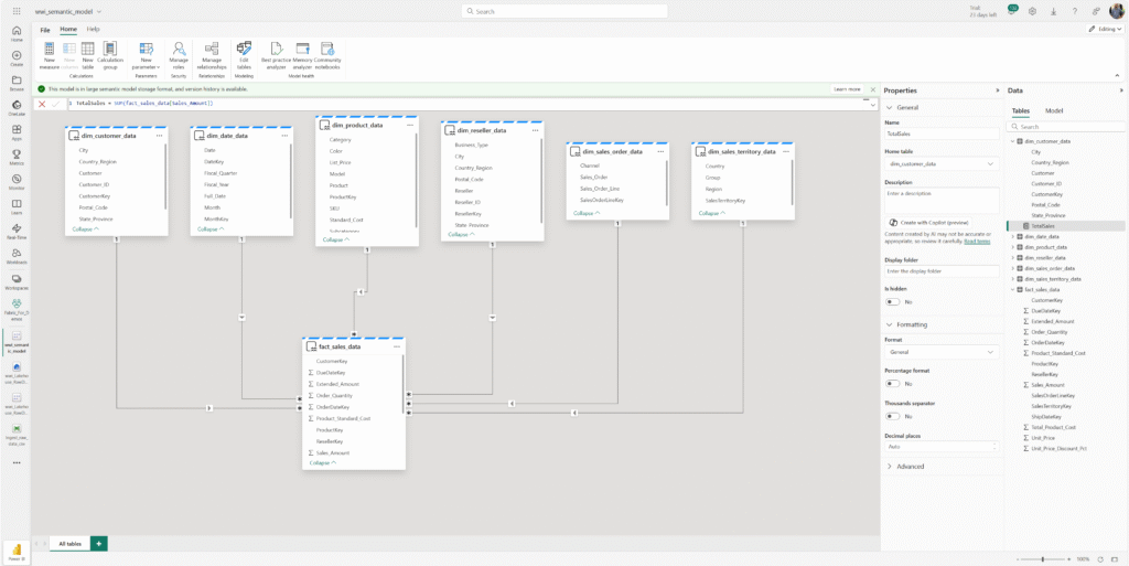 Star schema semantic model in Microsoft Fabric showing connected dimension and fact tables, with a DAX formula for TotalSales
מודל סמנטי בצורת כוכב ב-Microsoft Fabric – כל טבלאות המימד מחוברות לטבלת העובדות המרכזית. מצד ימין: נוסחת DAX לחישוב TotalSales