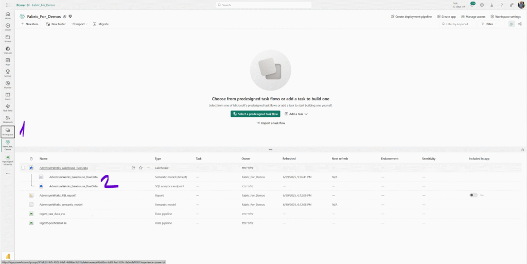 Power BI Fabric workspace showing Lakehouse, semantic model, data pipelines, and reports structure
תצוגת Workspace בסביבת Microsoft Fabric – כאן מרוכזים כל רכיבי הפרויקט: Lakehouse, מודל סמנטי, דוחות וצינורות נתונים