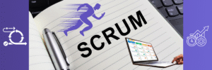Image featuring the word "SCRUM" on a notebook, with a running figure, a laptop showing a task board, and icons representing agile workflow and performance analytics — symbolizing SCRUM-based project management in data and AI environments. תמונה עם המילה SCRUM על פנקס, ליד מקלדת, עם אייקונים של ניהול אג'ילי, ניתוח ביצועים ולוח משימות ממוחשב – מייצגת ניהול פרויקטים בגישת SCRUM בעולם הדאטה והבינה המלאכותית.