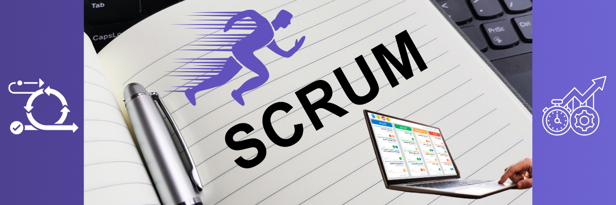 Image featuring the word "SCRUM" on a notebook, with a running figure, a laptop showing a task board, and icons representing agile workflow and performance analytics — symbolizing SCRUM-based project management in data and AI environments. תמונה עם המילה SCRUM על פנקס, ליד מקלדת, עם אייקונים של ניהול אג'ילי, ניתוח ביצועים ולוח משימות ממוחשב – מייצגת ניהול פרויקטים בגישת SCRUM בעולם הדאטה והבינה המלאכותית.