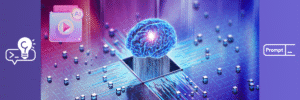 איור צבעוני של מוח דיגיטלי שמרחף מעל שבבים אלקטרוניים, מסמל את העבודה עם AI ו-Prompts