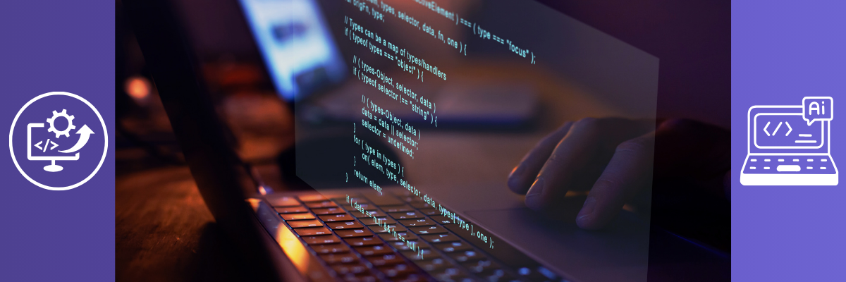 מסך מחשב עם קוד זוהר ברקע כהה, לצד אייקונים של פיתוח תוכנה ובינה מלאכותית - תמונת שער למאמר GPT-5 for Coding - Best Practices.