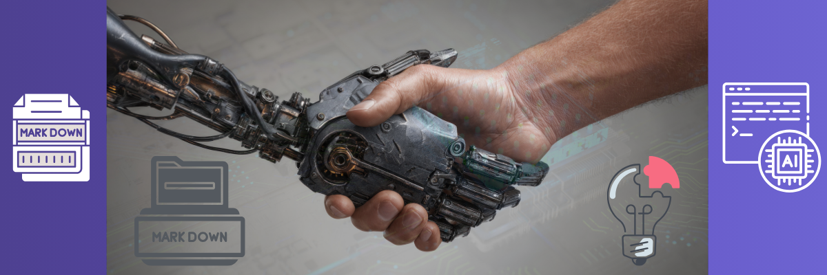 לחיצת יד בין רובוט לאדם עם סמלים של Markdown ו-AI - המחשה לקשר בין תוכן מובנה להבנת מכונה