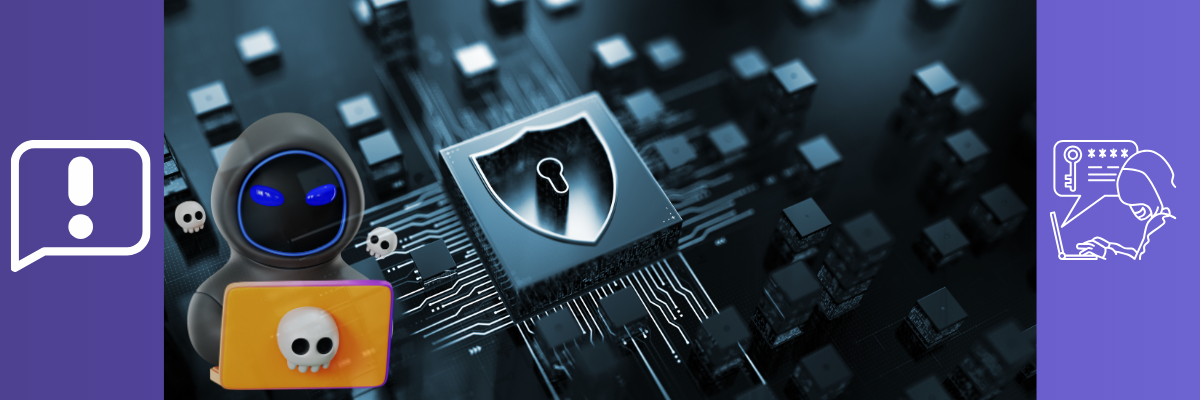 איור של נוזקת AI PromptLock – רובוט זדוני עם מחשב, גולגולת וסמל הצפנה על לוח אלקטרוני - המחשה של ransomware מבוסס בינה מלאכותית.