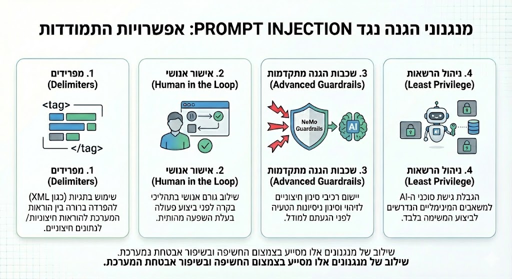 אינפוגרפיקה המציגה ארבעה מנגנוני הגנה עיקריים להתמודדות עם מתקפות הזרקת פרומפט (Prompt Injection). השיטות המוצגות הן: 1. שימוש במפרידים (Delimiters) להפרדת נתונים. 2. שילוב אישור אנושי (Human in the Loop) בתהליכי בקרה. 3. יישום שכבות הגנה מתקדמות (Guardrails) לסינון. 4. ניהול הרשאות מינימליות (Least Privilege) לסוכני AI.