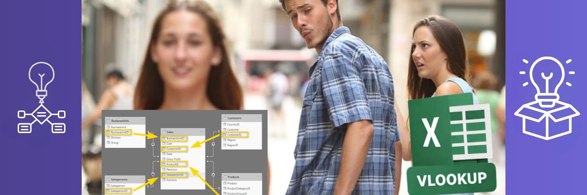איור ויזואלי הממחיש את המעבר המנטלי מ-Spreadsheet Thinking המבוסס על אקסל ונוסחאות VLOOKUP לעבודה מתקדמת עם Database Thinking באמצעות מודל נתונים רלציוני וסכמת כוכב (Star Schema).